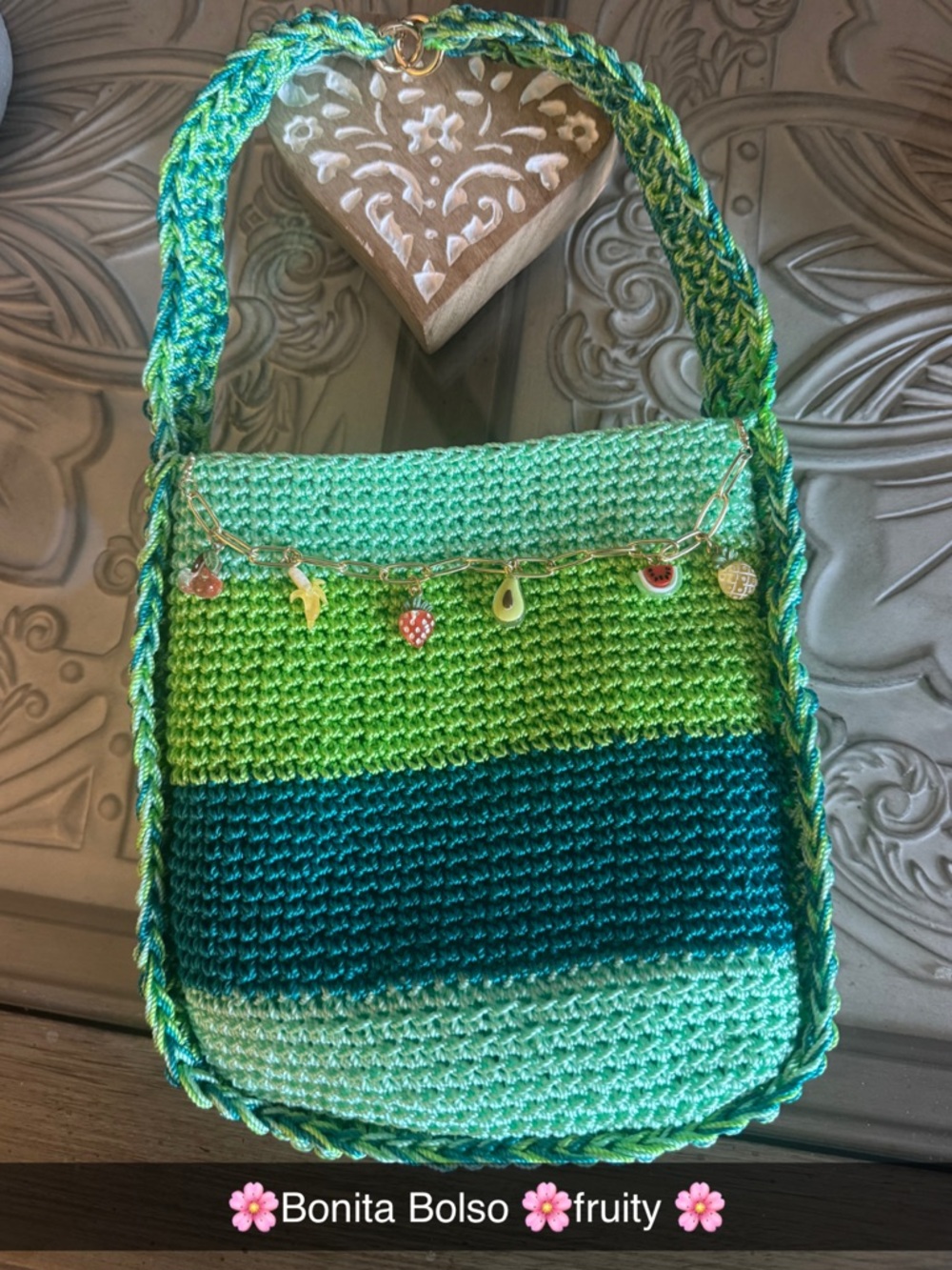 Bonita Bolso Handmade Green Striped Crochet Bag with Fruit Charm by Yvonne